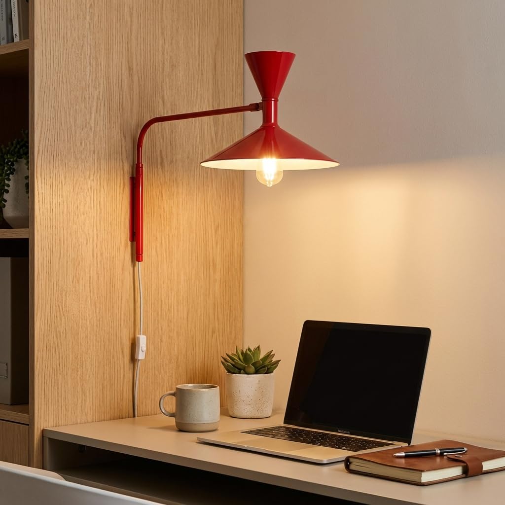 BARCELONA LED Lámpara de Pared Industrial Grande 40cm, Aplique de Pared con Brazo Articulado Retro y Moderno, Pantalla de Metal Rojo Interior Blanco para Restaurante, Escaleras y Dormitorio