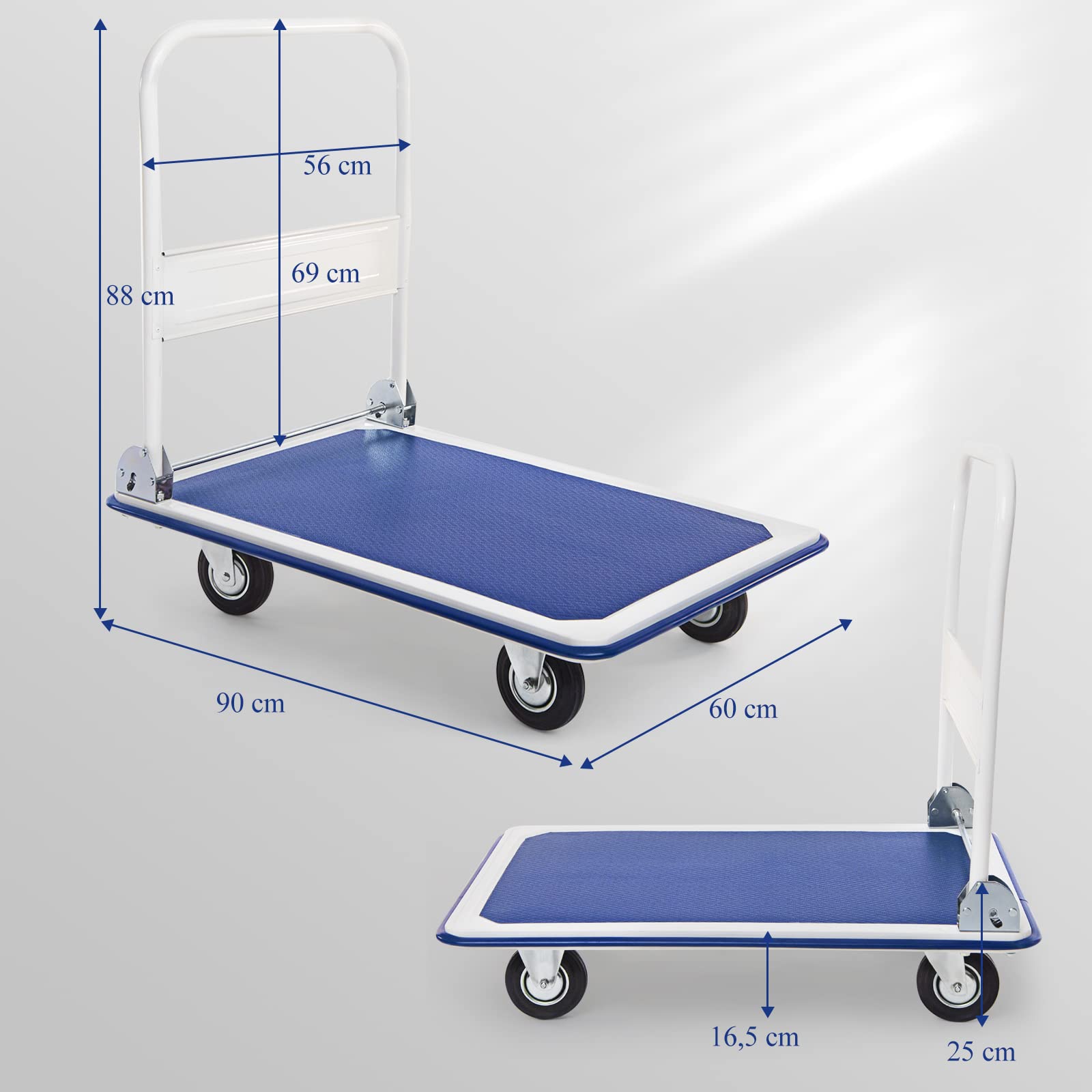 GYMAX Carretilla de Transporte Plegable con Capacidad de hasta 300 kg, 90 x 60 cm, con Revestimiento Antideslizante, Carretilla de Metal, Carro de Plataforma para Casa, Jardín y Supermercado