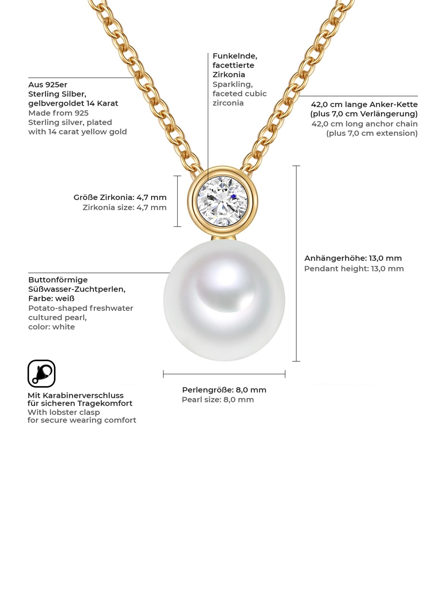 Valero Pearls Damen Halskette 925/- Sterling Silber Gelbgold Perlenanhänger | Süßwasser-Zuchtperle,Button-Form,Perlengröße 8 mm,Zirkonia,weiß,Silberhalskette,Anhänger,echte Perle,Ankerkette,42+7 cm,