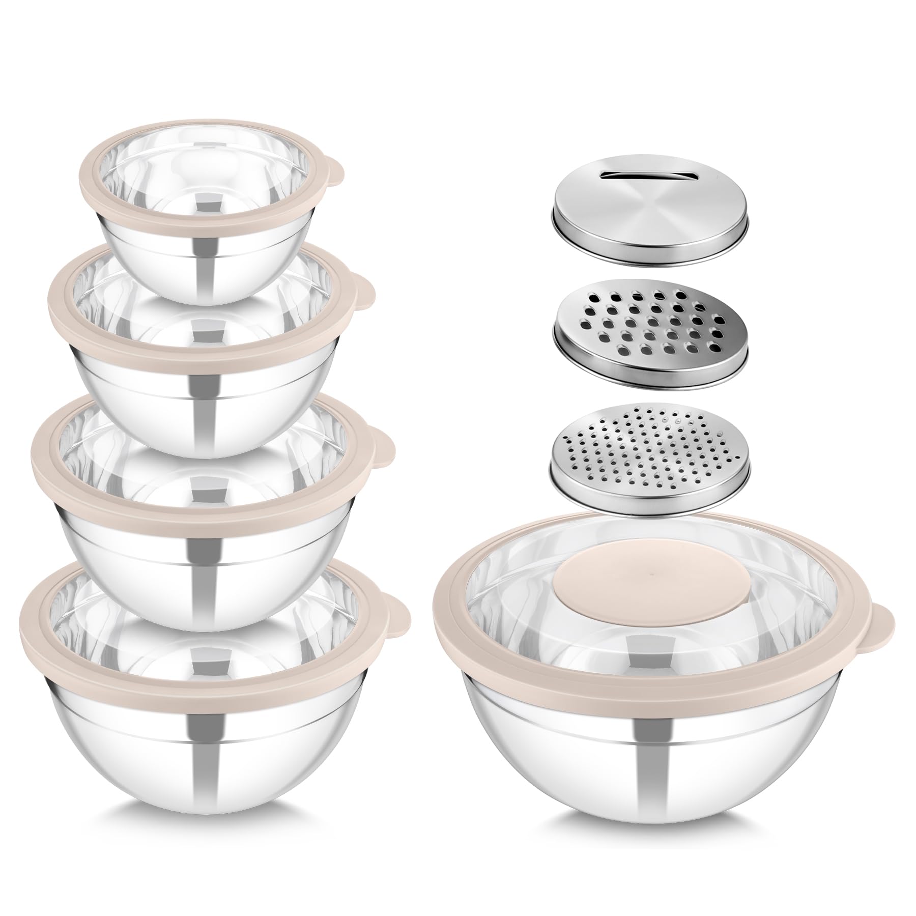 HaWare Mixing Bowls with Lids Set, 5PCS Stainless Steel Nesting Bowls for Kitchen, 3 Graters Attachments, Clear Lids, Airtight for Food Prep, Baking, Storage (4.6/2.8/1.6/1.2/0.7 L, Khaki)