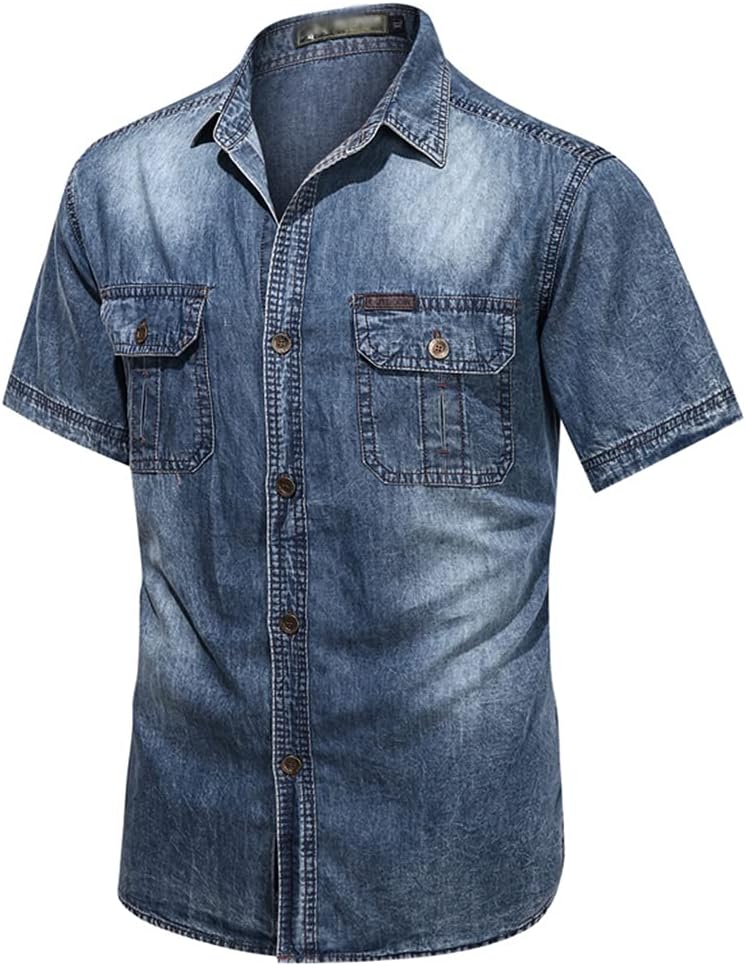 お気にいる Color ライトブルーメンズデニムシャツ半袖薄いコットン薄い弾性ジーンズデニム