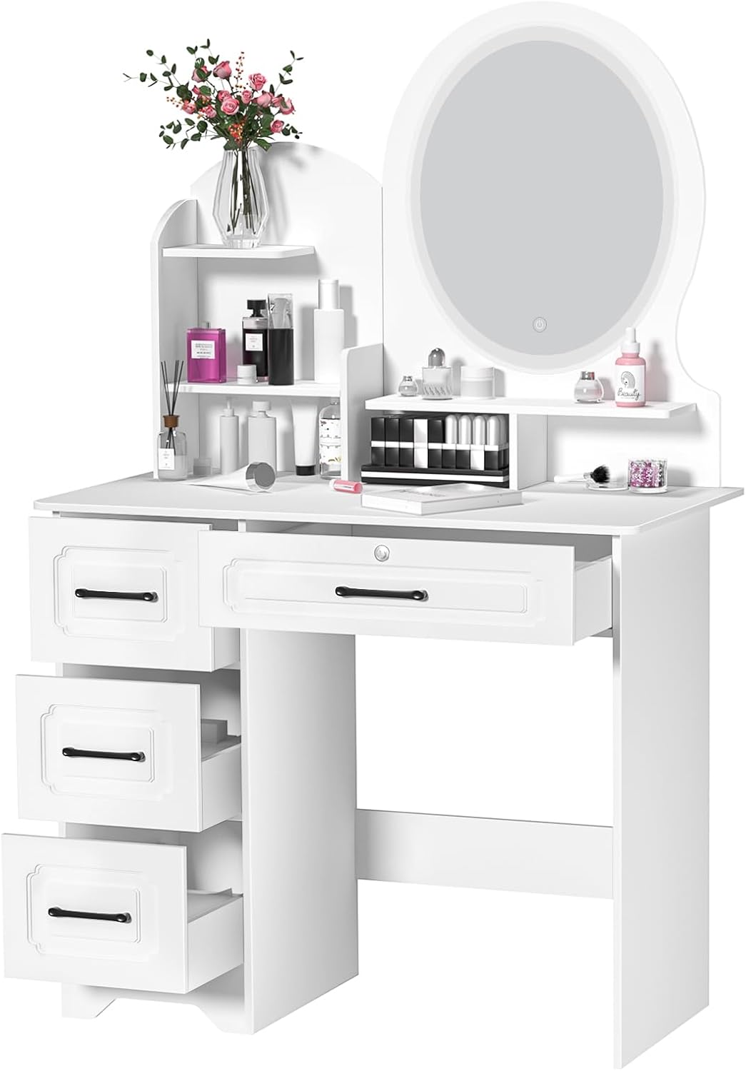 Vanity Desk with Lights,Makeup Vanity,Dressing Table Set with 4 Large Drawers,Vanity Mirror 3 Lighting Color Adjustable,White White