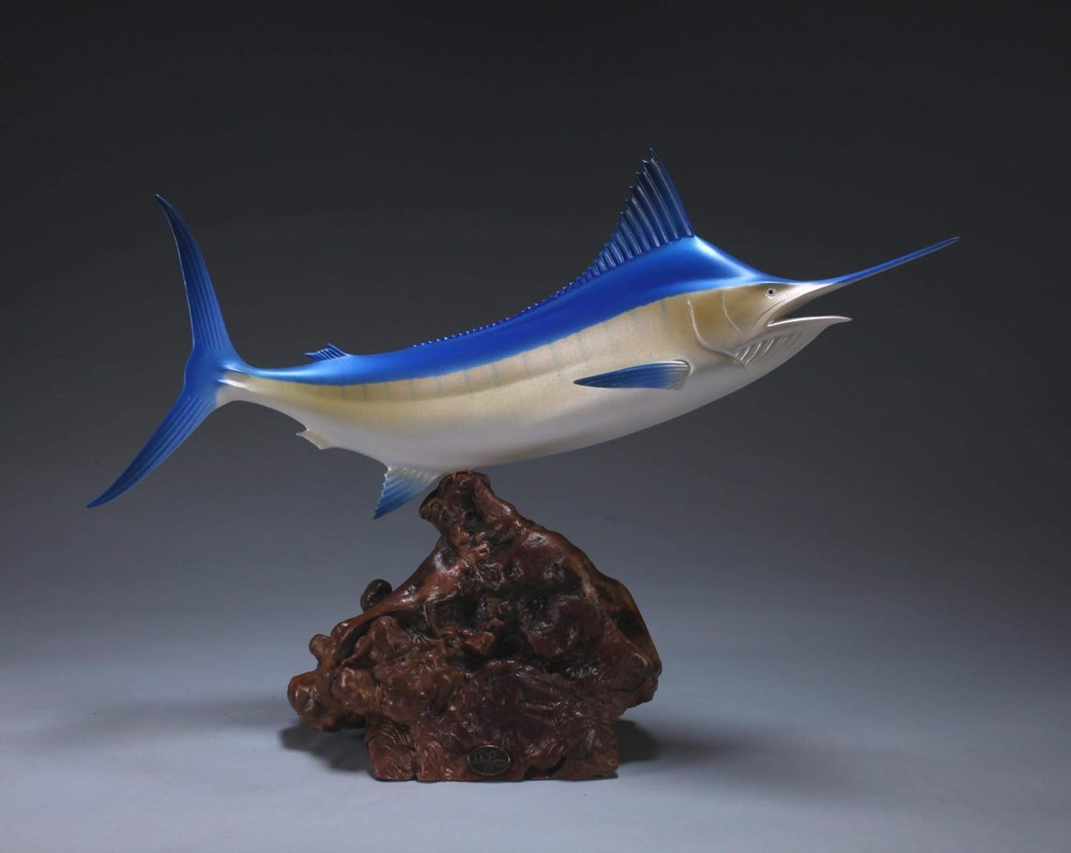 Marlin Sculpture by John Perry Large 18in Long Airbrushed on Polished burlwood Base. Signed