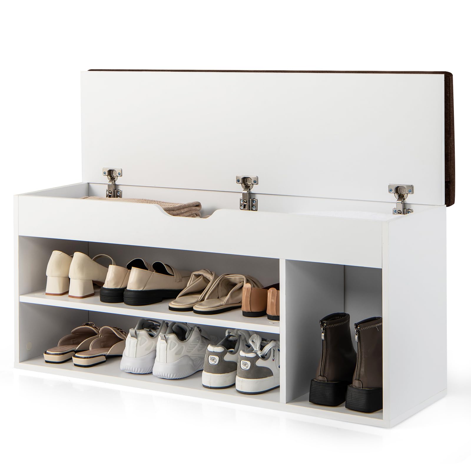 RELAX4LIFE Schuhbank, Schuhablage mit 3 Ablage & Stauraum, Schuhtruhe mit Sitzfläche, Schuhregal für niedrige & hohe Schuhe, Sitzbank für Wohnzimmer & Flur & Schlafzimmer, 104 x 30 x 48 cm (Weiß)