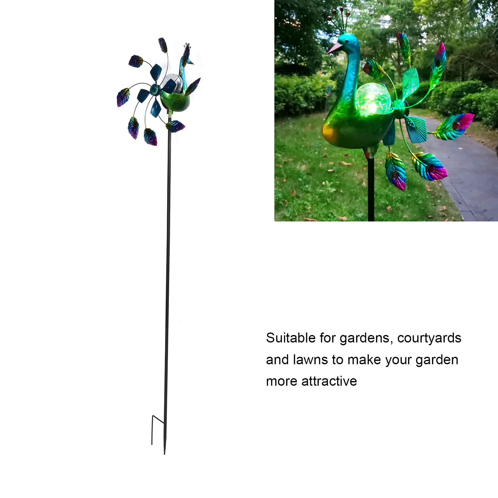 Wakects Molino de Viento de Hierro Forjado, Molino de Viento, Hilanderos de para Exteriores, 66,9 X 16,5 Pulgadas, Luz Que Cambia de Color, Bola de Vidrio, Cuchillas Giratorias Dobles para Jardín,