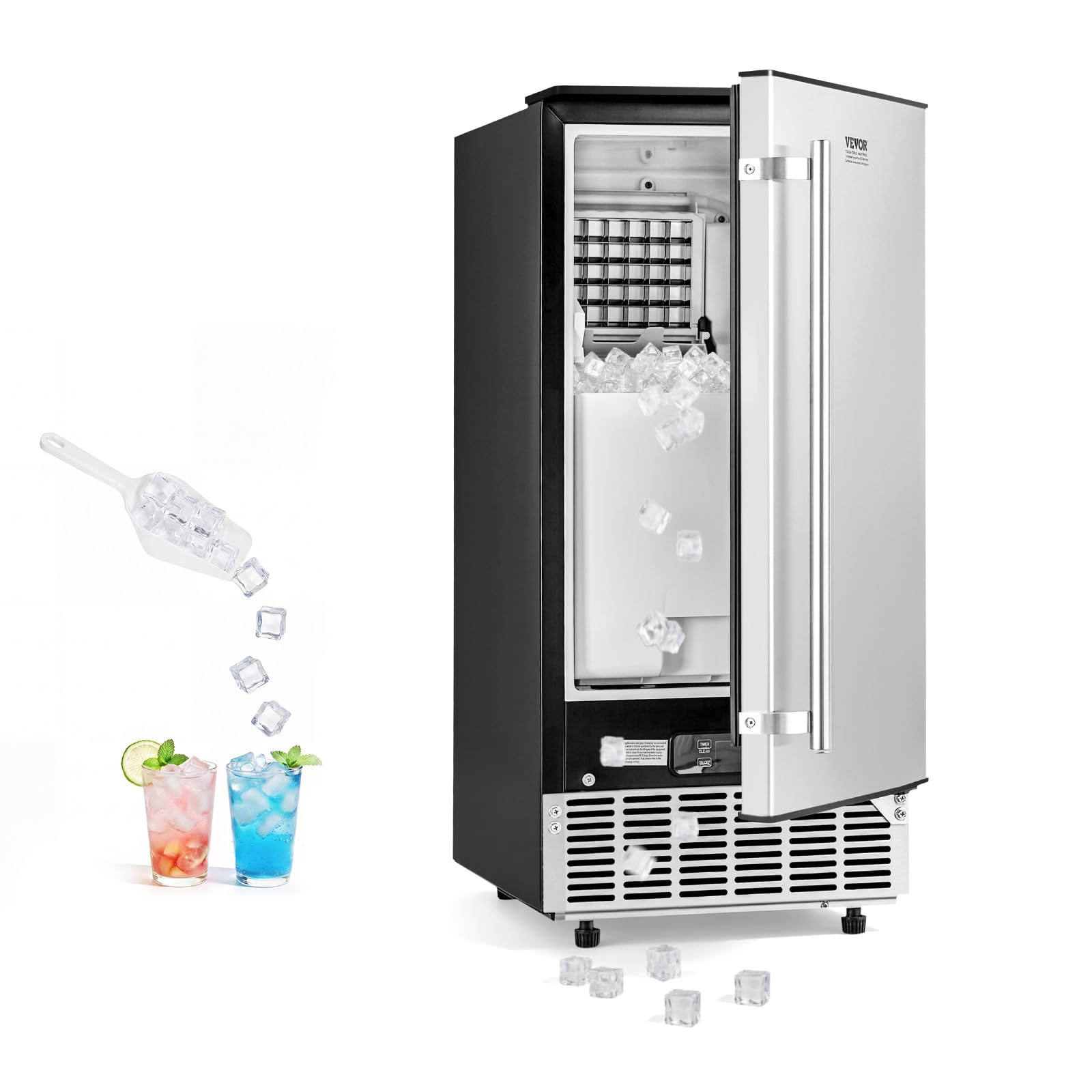 VEVOR ice maker with its door open, revealing a bin full of ice cubes.