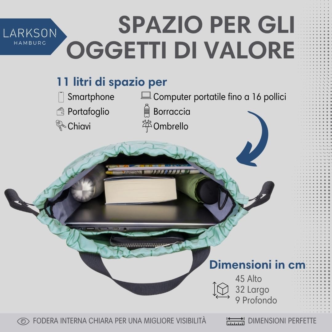 LARKSON Zaino Donna Uomo Verde Menta - No 7 - Sacca da Palestra - Borsa Sportiva Piccola Versatile con Tasca Interna - Materiale Riciclato