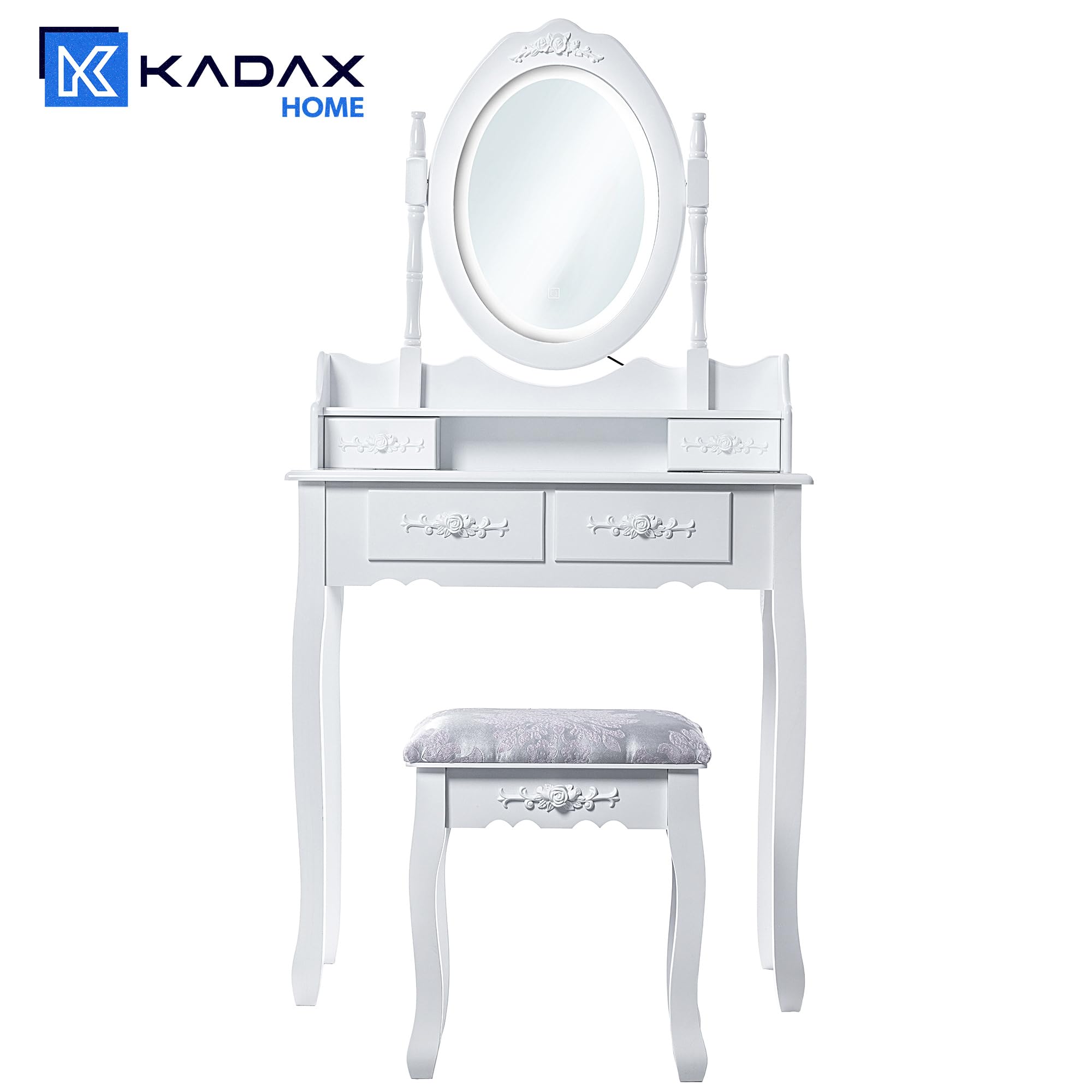 KADAX Schminktisch mit Spiegel, Schublade und Schemel, 75 x 40 x 147 cm, Frisiertisch, Frisierkommode, Kosmetiktisch für Schlafzimmer, Garderobe (Weiß)
