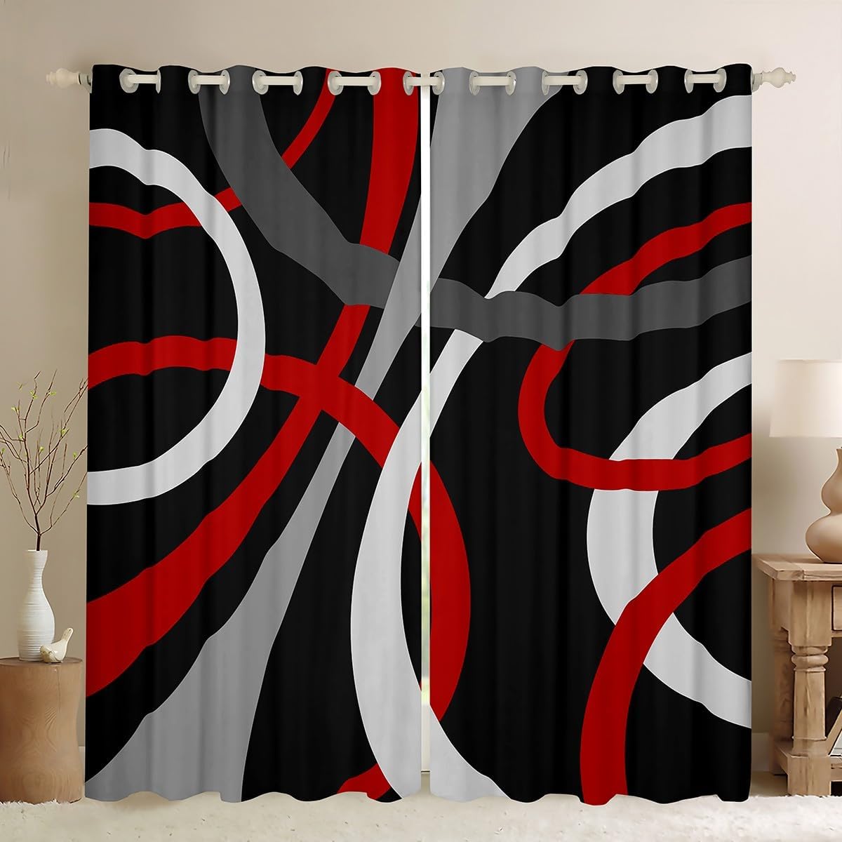 Feelyou Kids Red Black Gray Geometric Curtains Retro Circle Swirls Window Curtains Circle Stripes Geometric Blackout Curtain Boys Geometric Abstract Window Treatments, 2 Panels 38 X 45 Inch