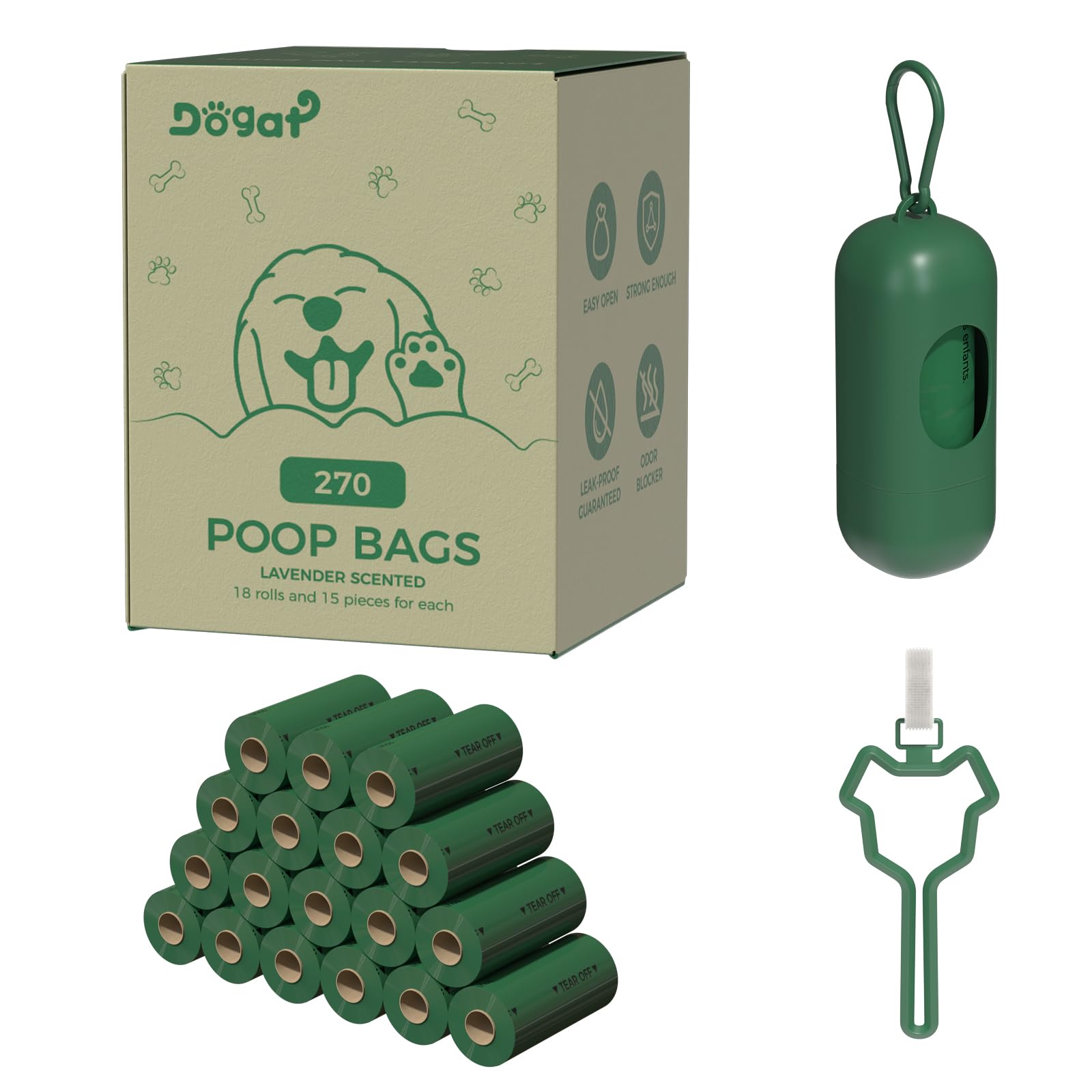 Dogat Dog Poop Bags Rolls with Dispenser and Used Bags Carrier, 270 Count(18 Pack of 15 Bags), Dog Waste Bag for Small and Large Dog, Strong & Thick Goggy Poop Bags, Lavander Scented — image 1