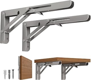 LEOPO 14 inch Folding Shelf Brackets-2 Pack Foldable Heavy Duty Triangle Collapsible Wall Mounted Brackets for Fold Down Table, Space Saving for Bench Table with Screws, Stainless Steel