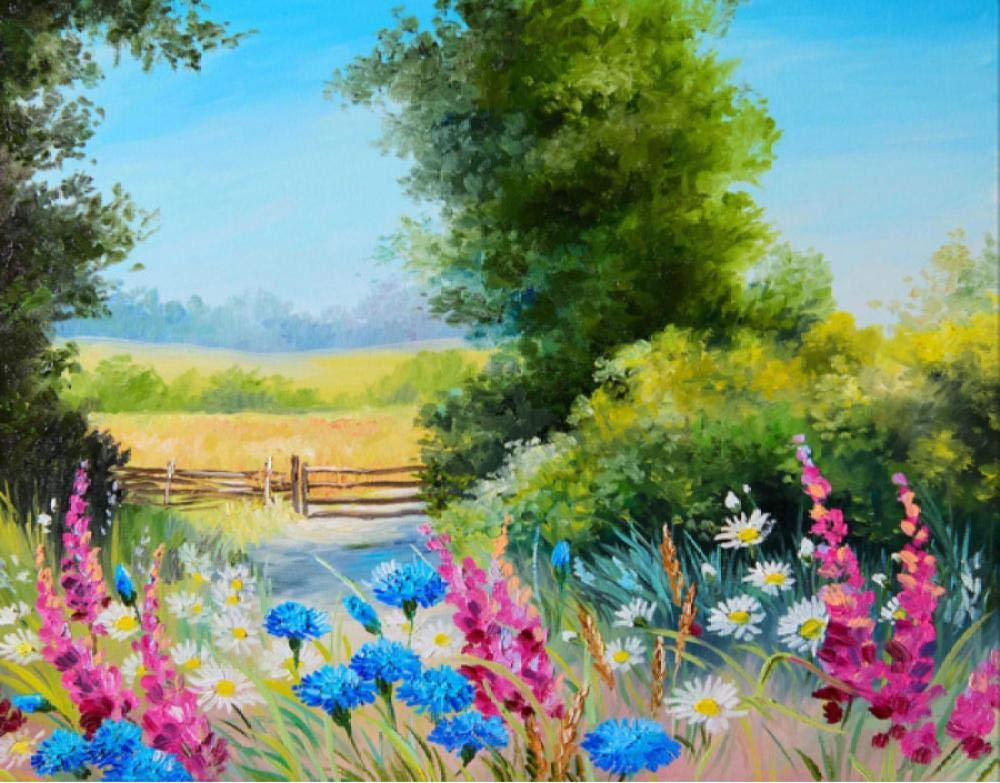 Coloriage par numéros jardin pour peindre sans savoir dessiner un paysage de fleurs