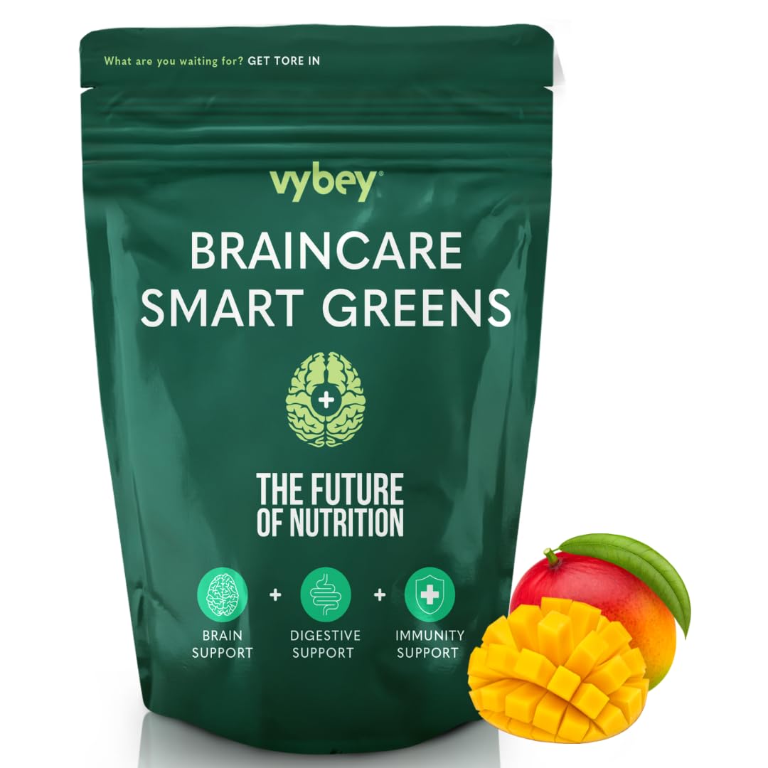 Braincare Smart Greens | 54 Nutrient-Rich Formula | Superfoods + Nootropics & Adaptogens | Vegan & Gluten-Free | Mango | Reduces Bloating & Relieves Stress | 180g Pouch (15 Servings)