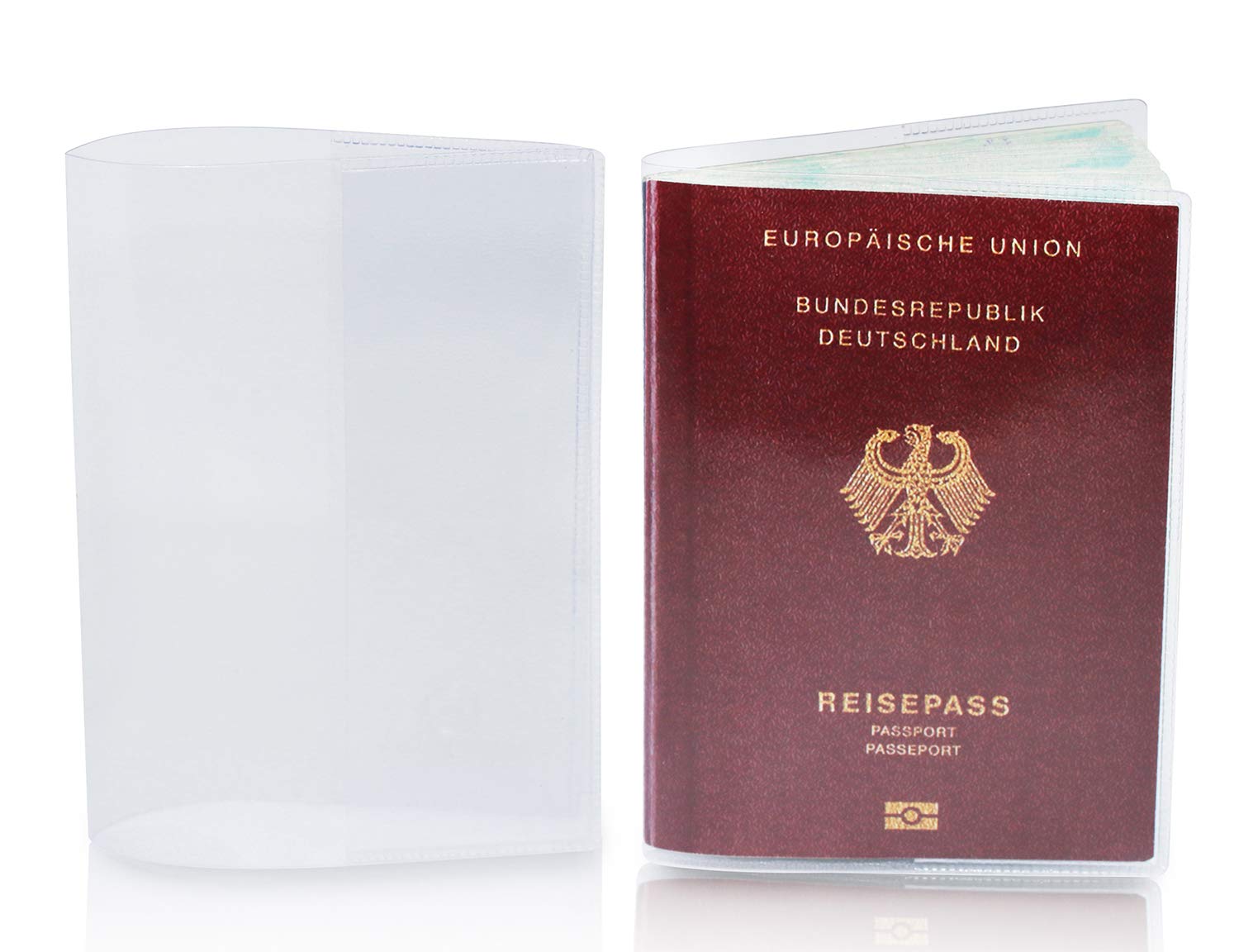 2 x etui na paszport na nowy paszport (od kwietnia 2017), odporne na dokumenty i przezroczyste, w odpornym na rozdarcie etui ochronnym. Chroni paszport przed wodą, kurzem i brudem. Dwa etui na