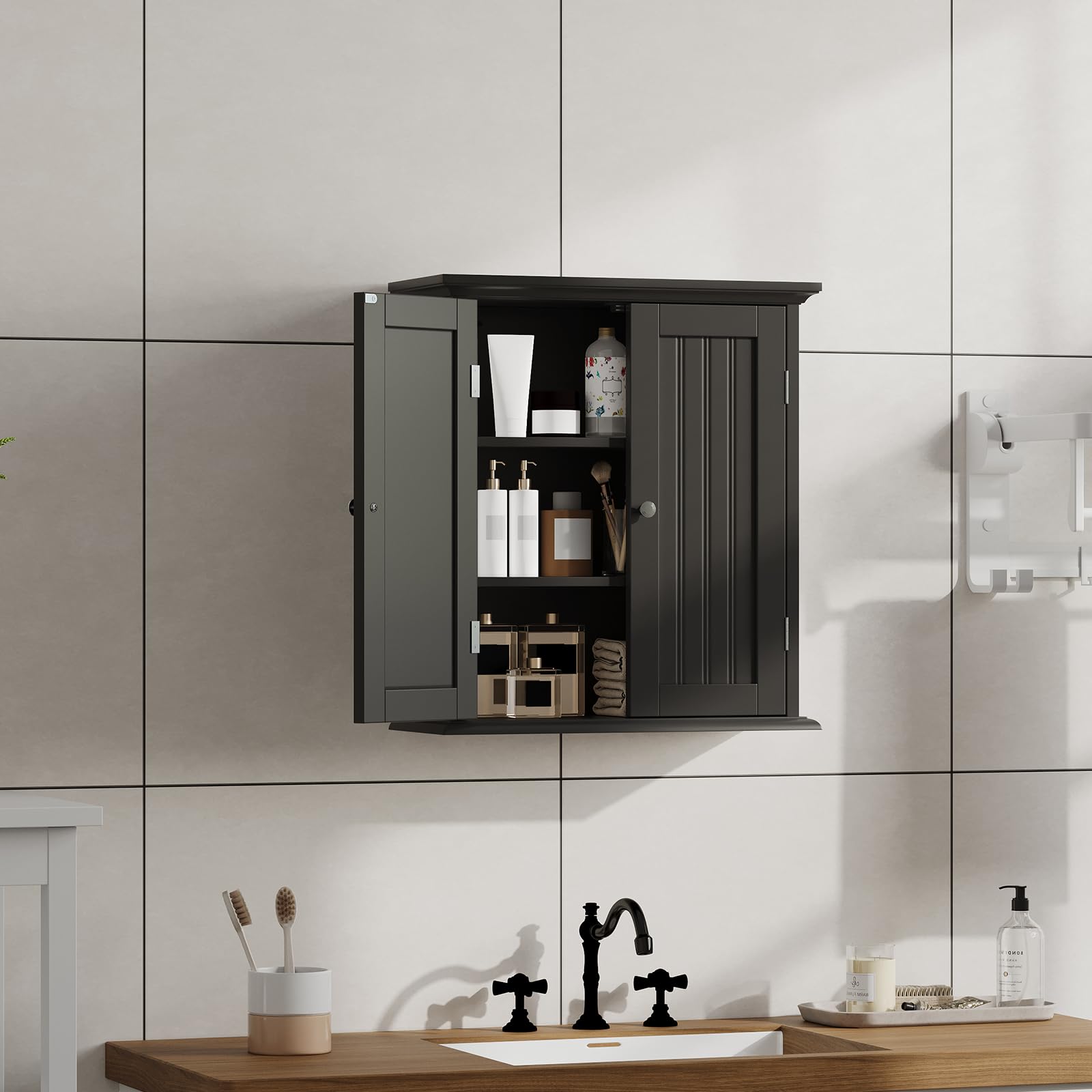 Mueble Baño Colgar Armario Pared Baño con 2 Puertas, Estante 3 Niveles Ajustable, Estilo Moderno, Ahorro Espacio para Baño, Cocina y Lavadero, Negro