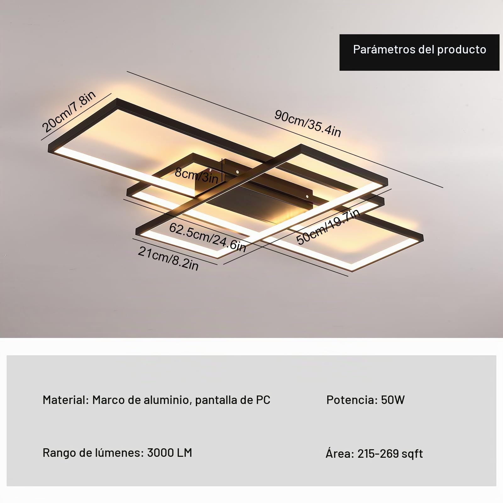 Moderna Lámpara de Techo LED 50W Regulable con Mando, Negro, 90cm | Iluminación Ajustable 3000K-6500K con Memoria, Diseño Rectangular de Aluminio, Perfecta para Salón, Dormitorio y Comedor