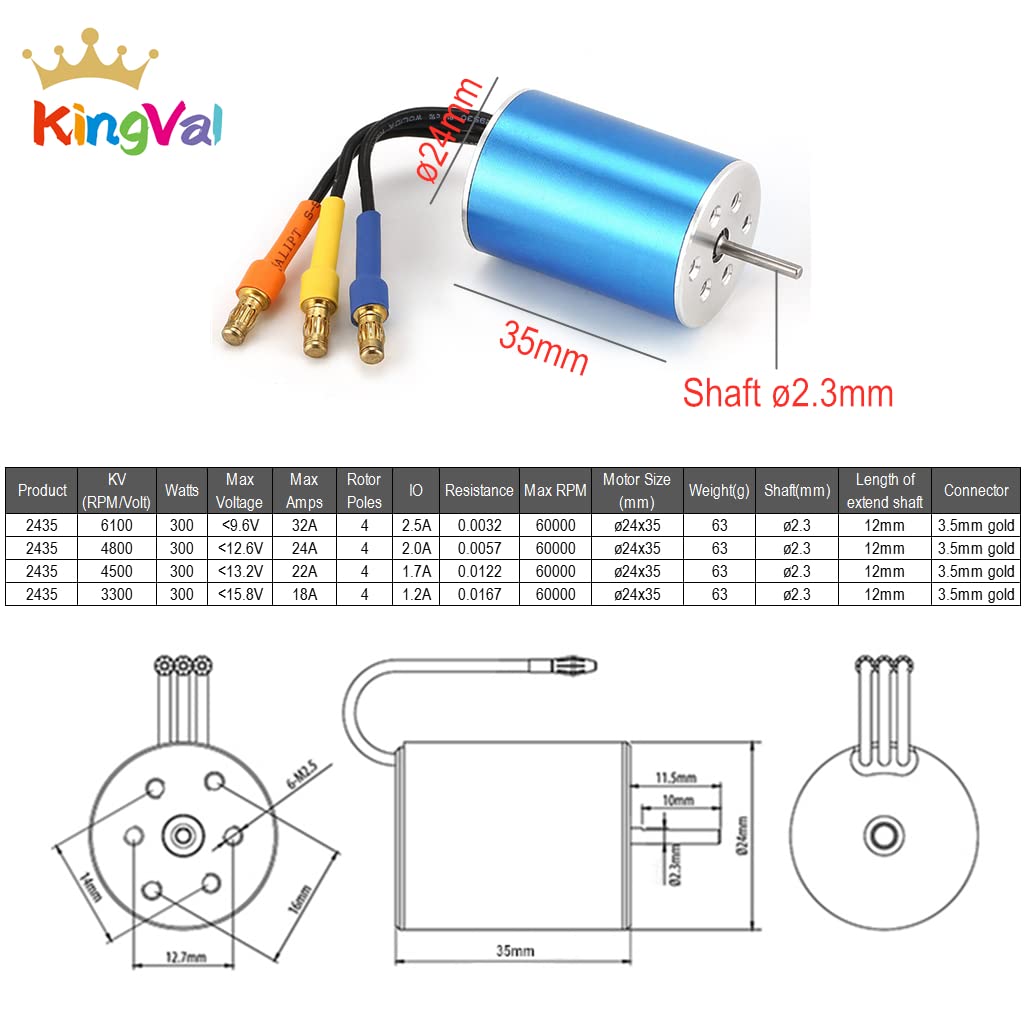 KingVal Replacement 2435 6100KV Sensorless Brushless Motor Shaft Diameter 2.3mm Compatible with 1/16 1/18 RC Car