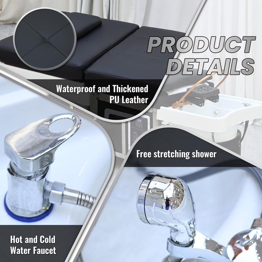 Salon-Spa-Ausstattung, Japanische Kopf-Spa-Ausstattung, Massage-Shampoo-Liege mit Edelstahlrahmen, Unterstützt Wasserzirkulation, Begasung und Lichttherapie, Professionelle Massageliege