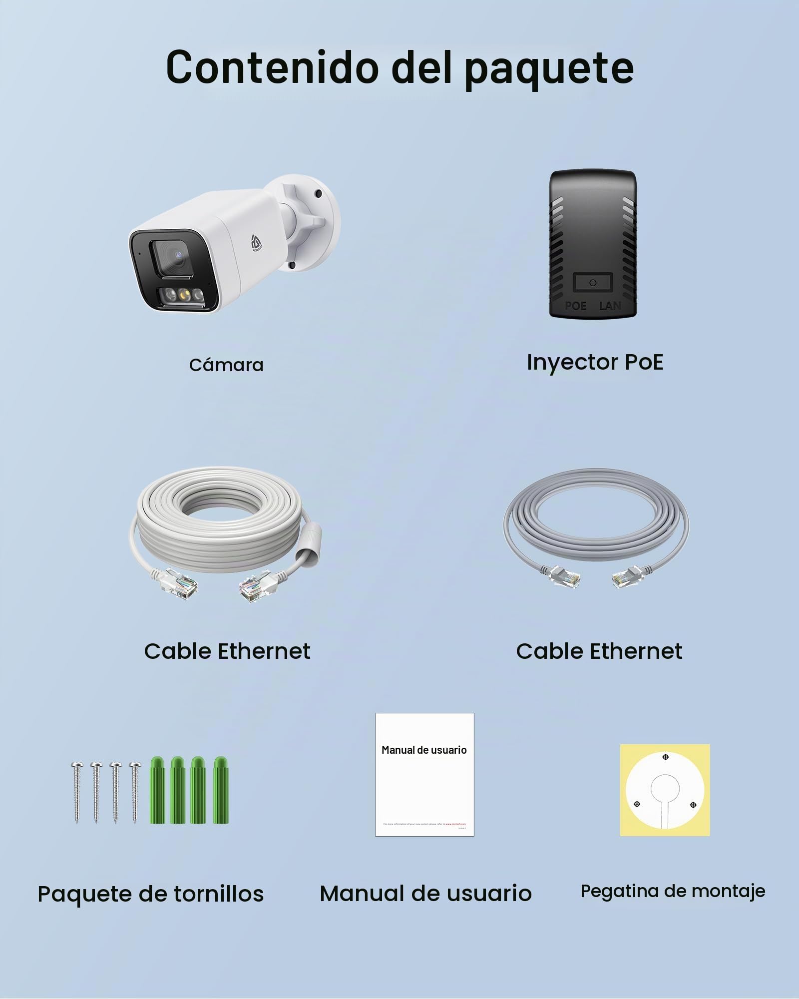 4K 8MP Cámara Vigilancia Exterior PoE+Tarjeta Memoria 32GB | Detección de Personas/Vehículos, Visión Nocturna en Color, Audio Bidireccional, Alarma Sonora y Lumínica, IP66 Impermeable
