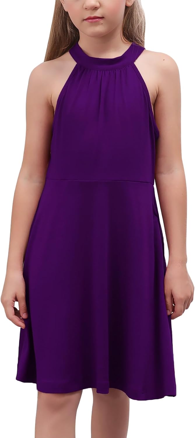 GORLYA Girl's Halter Neck Cold Shoulder Sleeveless Summer Casual Sundress A-line Dress with Pockets for 4-12 Years