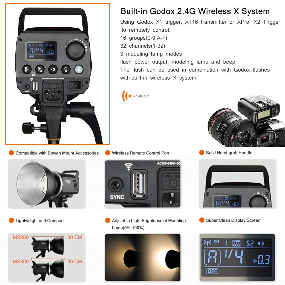GODOX MS300 estroboscópico 300 WS con Lámpara de Modelización 150W Montura Bowens para Interior Estudio Retrato Fotográfico (MS300)
