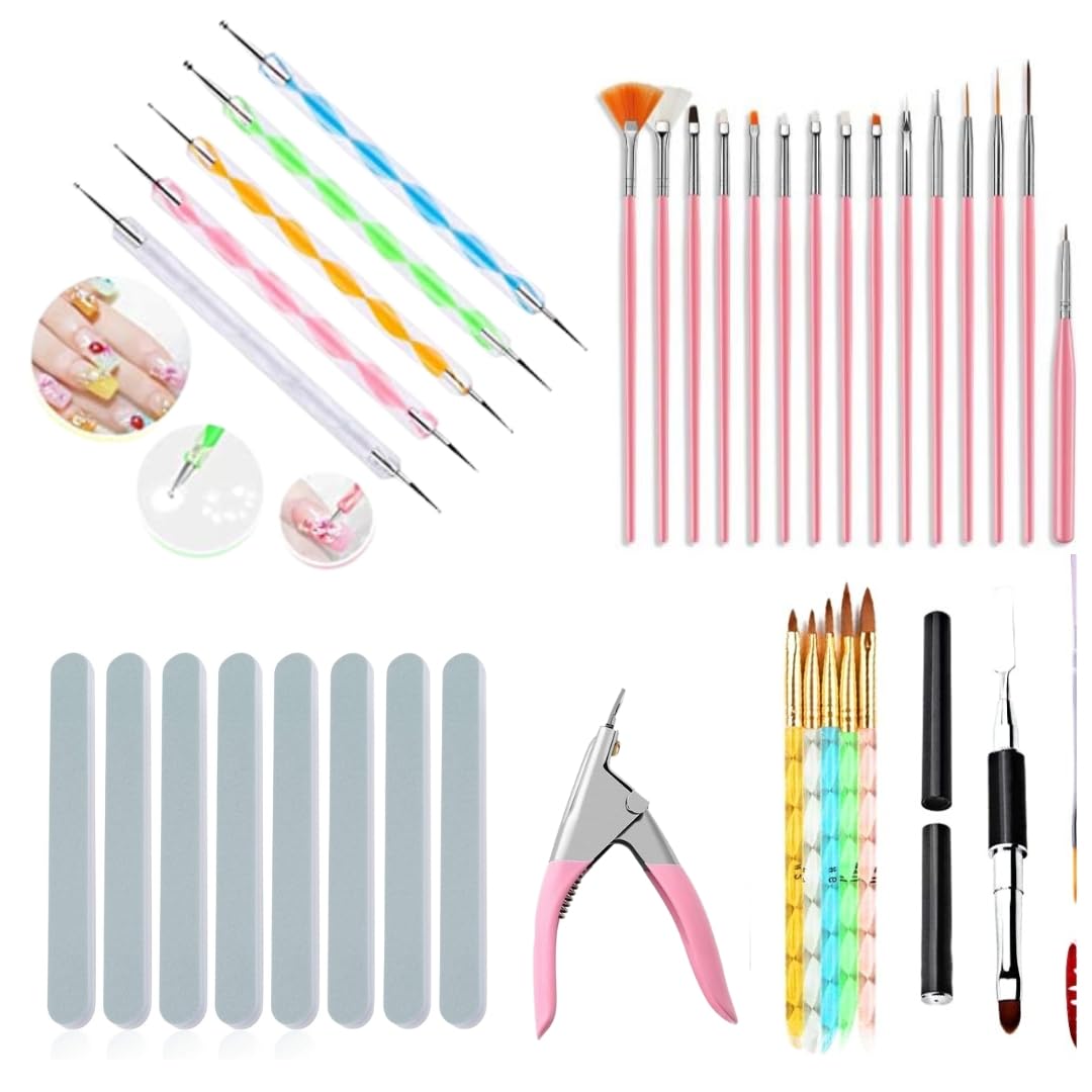 Pack of 35 Nail Art tools- 15 Nail art brushes, 5 acrylic brushes, 5 dotting tools, 1 gel brush with slicer, 1 tip cutter, 8 Nail buffers - DIY Nail art/Nail extension Tool kit-image-7