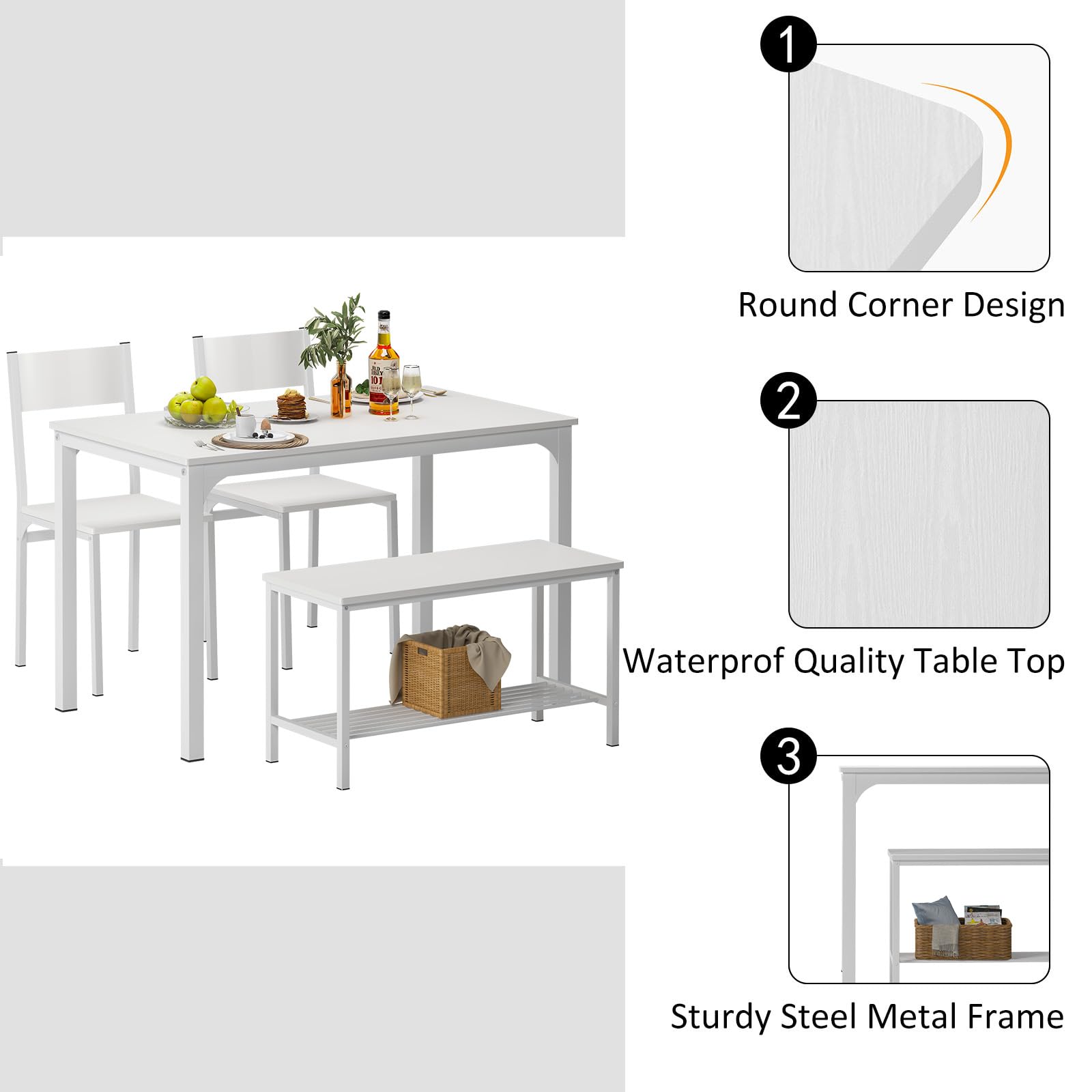 Ensemble Table de Salle à Manger avec 2 Chaises et 1 Banc Cadre en Acier Blanc pour 4 Personnes