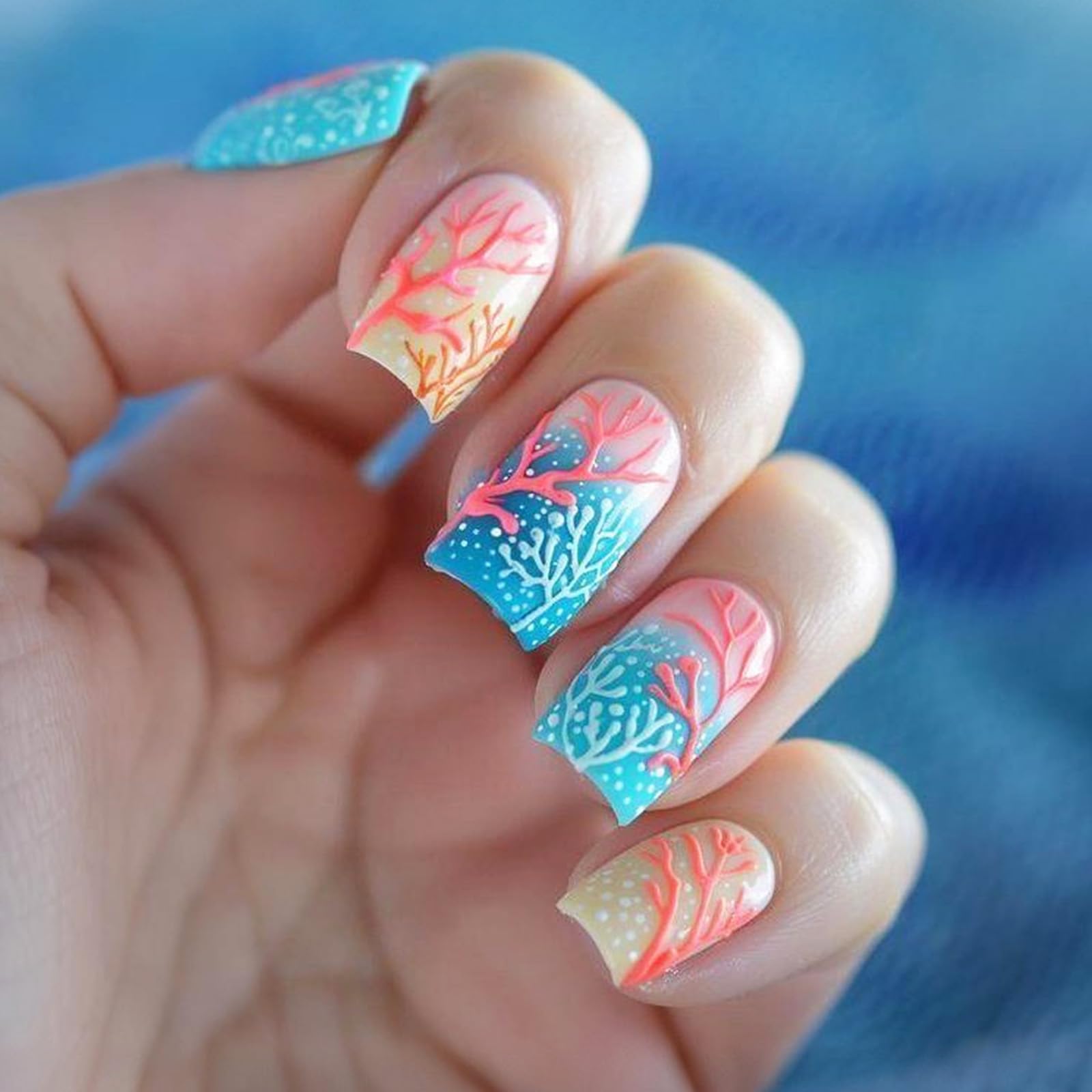 Ocean Press on Nails Medium Square Fake Nails with Red Coral Design Glossy False Nails Summer Acrylic Nails Kit with Jelly Glue Reusable Full Cover