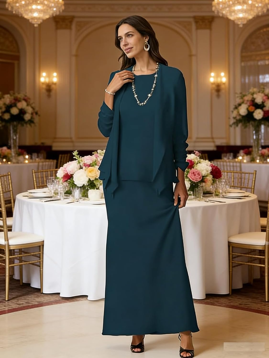 Chiffon Mother of The Bride Dresses Long Sleeve Formal Wedding Guest Dress for Women with Jacket - Image 6