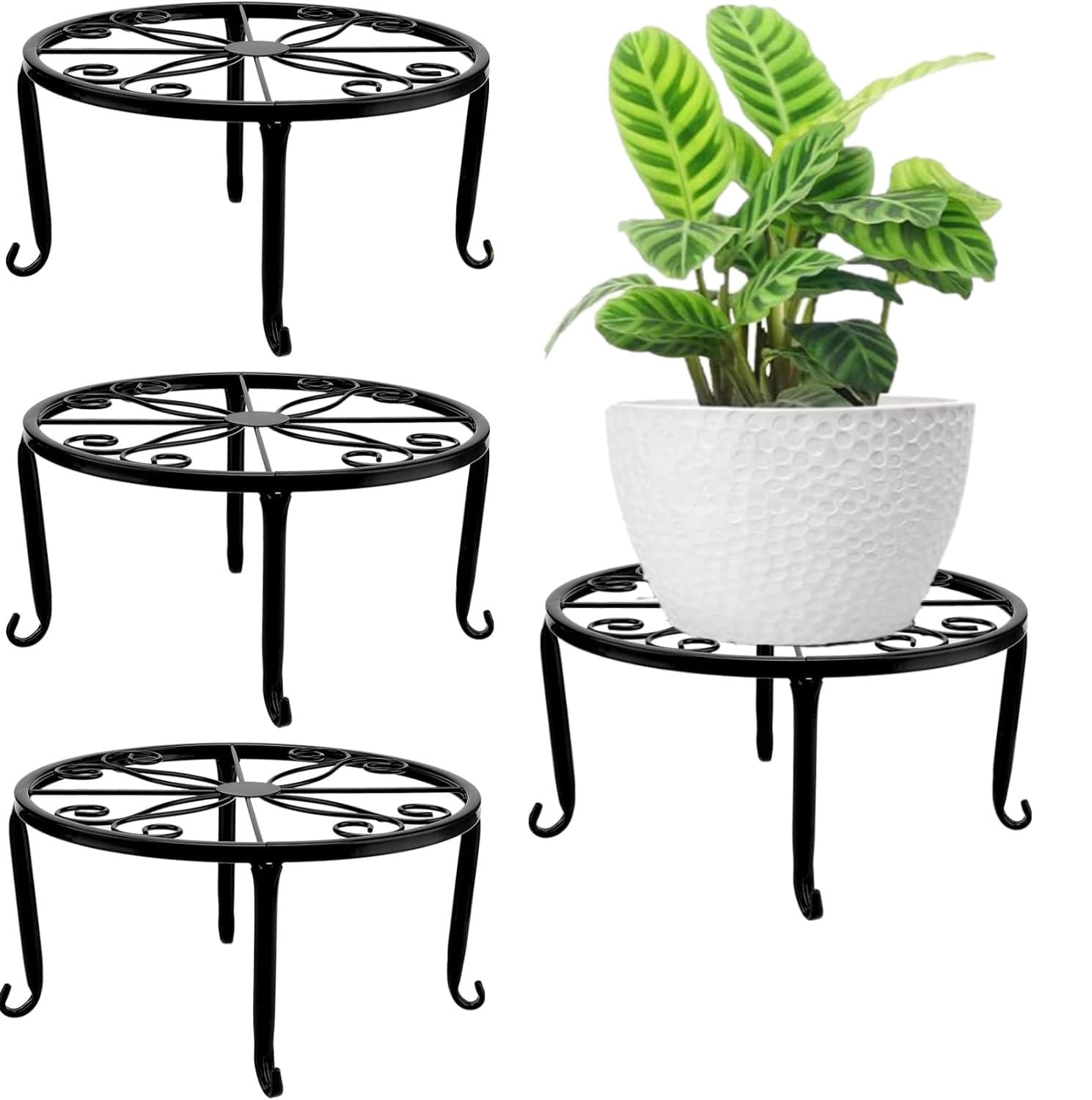 LATERN 4 Piezas Soportes de Metal para Plantas, 23CM Soporte Resistente para Macetas Estante Redondo de Hierro Inoxidable para Contenedores para Hogar Aire Libre Patio Jardín Decoración (Negro)