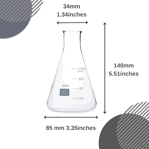 Miniatura 5 de Erlenmeyer frasco de vidrio de boca estrecha con graduación impresa, vol.8.5 fl oz, 8.45 onzas, cristalería de borosilicato 3.3, juego de frascos