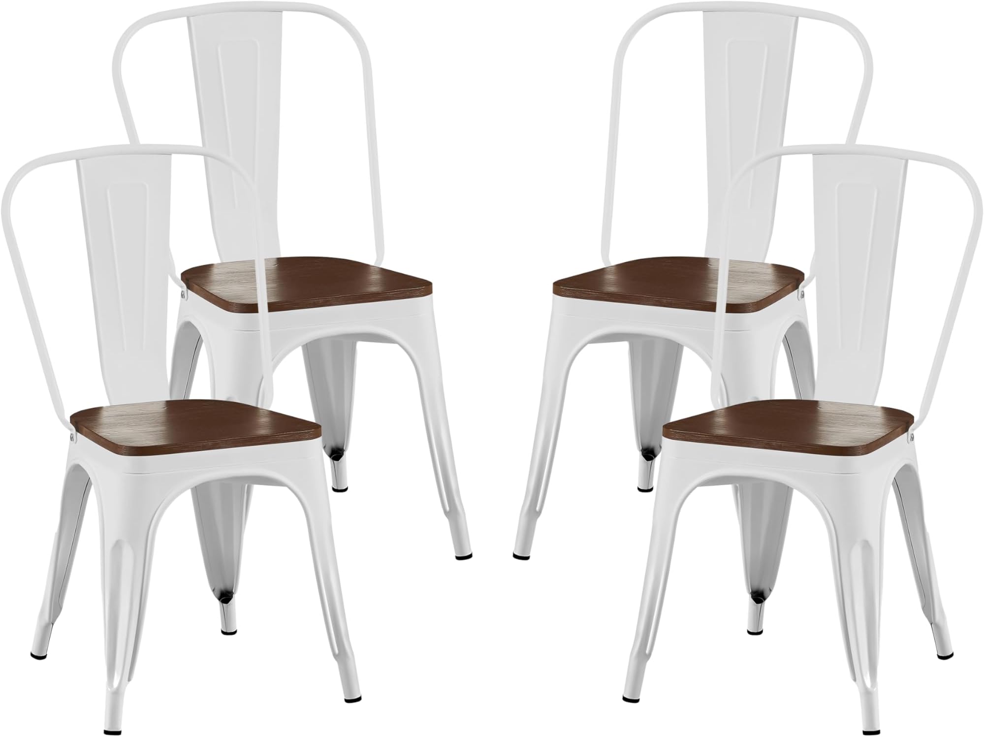 AC Pacific Stackable Metal Dining Chairs Set of 4 for Indoor and Outdoor Use, Durable Stacking Seat, Farmhouse Kitchen, Bar, Patio, Bistro, Cafe, Industrial Style, 4pcs, High Gloss White/Wooden Base