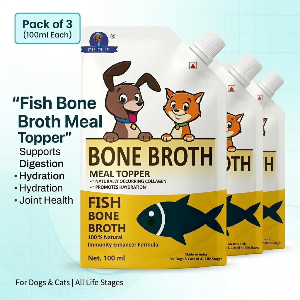 Dr. Pets Pack of 3 (100ml Each) Fish Bone Broth for Dogs & Cats | Liquid Meal Topper | Collagen Rich | Supports Digestion & Hydration