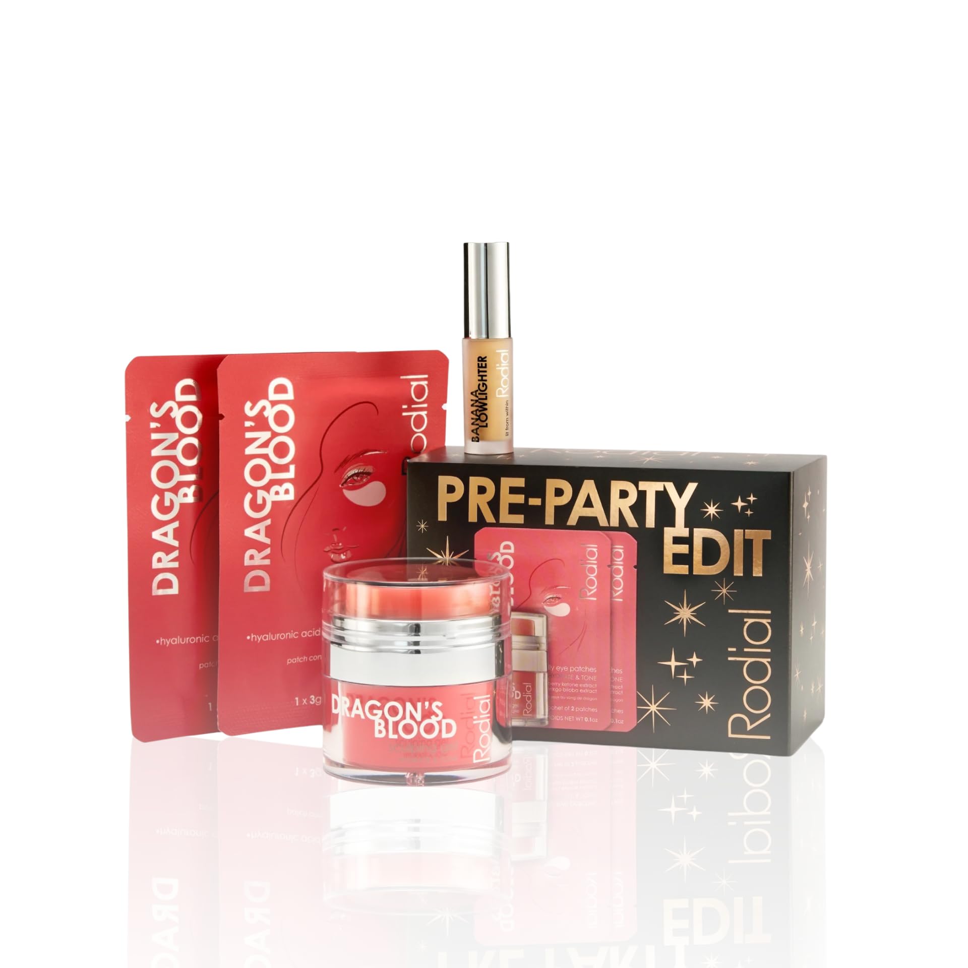 Rodial Pre-Party Edit - Holiday Skincare & Makeup Gift Set with Banana Lowlighter 0.07 oz, Dragon’s Blood Sculpting Gel 0.30 fl. oz & 2x Dragon’s Blood Eye Patches - Radiant Glow