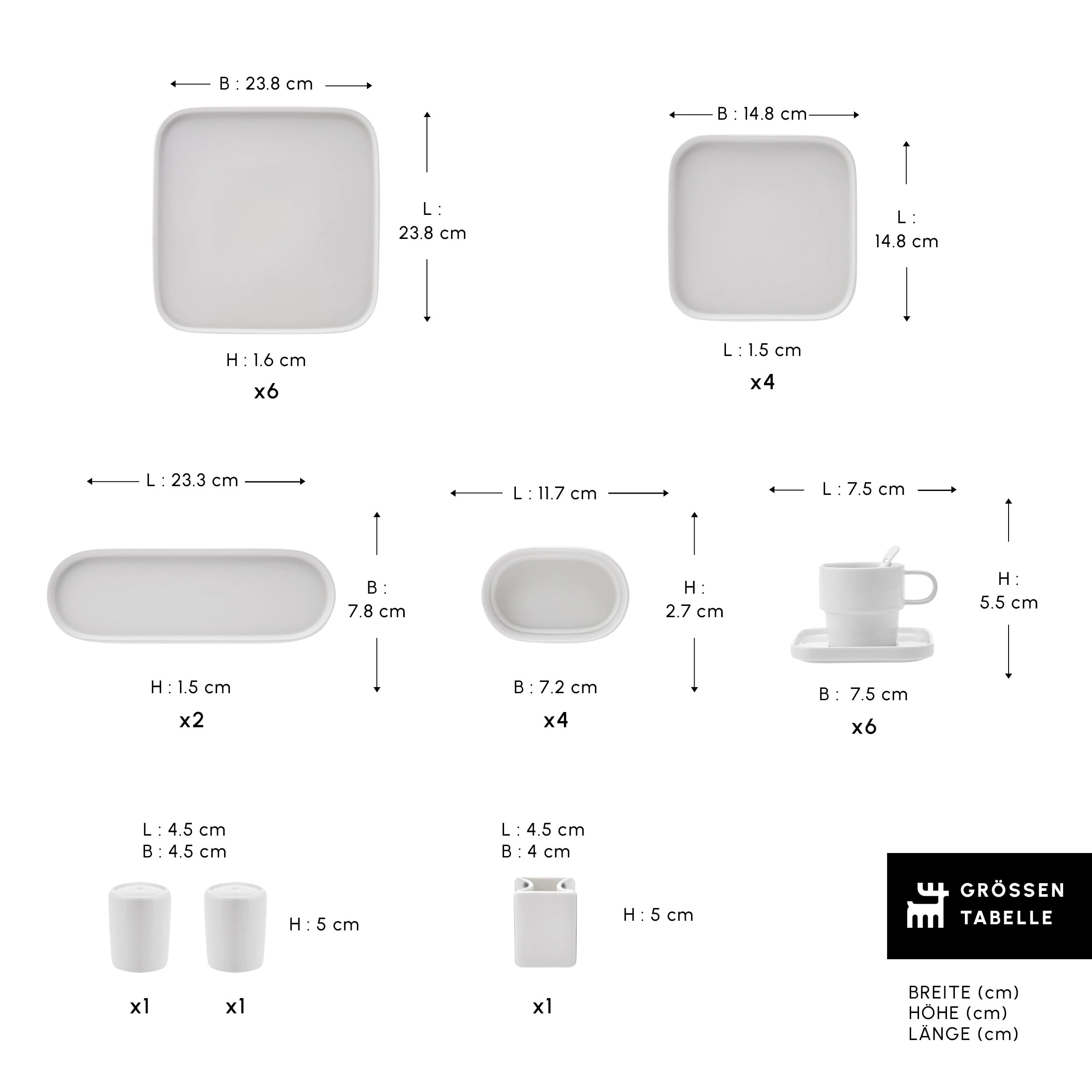 Karaca Cubique zestaw śniadaniowy, kwadratowy, 35-częściowy kubek do herbaty/kawy, serwis obiadowy, biały, 35-częściowy zestaw talerzy, porcelanowy serwis obiadowy dla 6 osób, zestaw zastawy stołowej