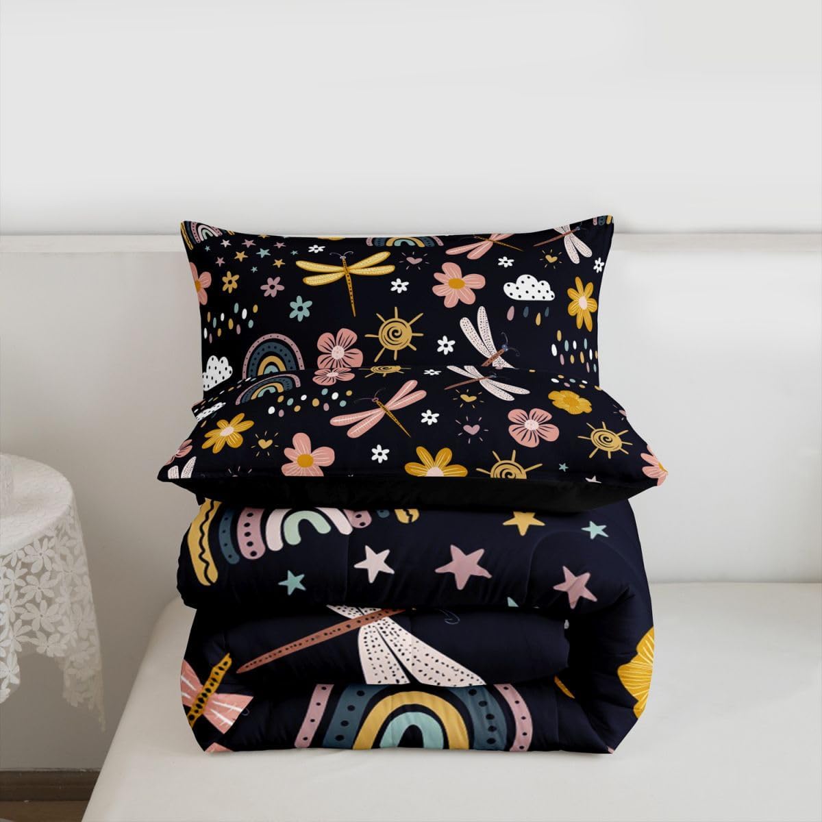 Erosebridal Rainbow Comforter Set, Cartoon Dragonfly Quilt Queen Size for Kids Girls Women Adult, Pink Flower Floral Duvet Insert Kawaii Iridescent Bedding Set 3Pcs with 2 Pillow Cases, Black Yellow