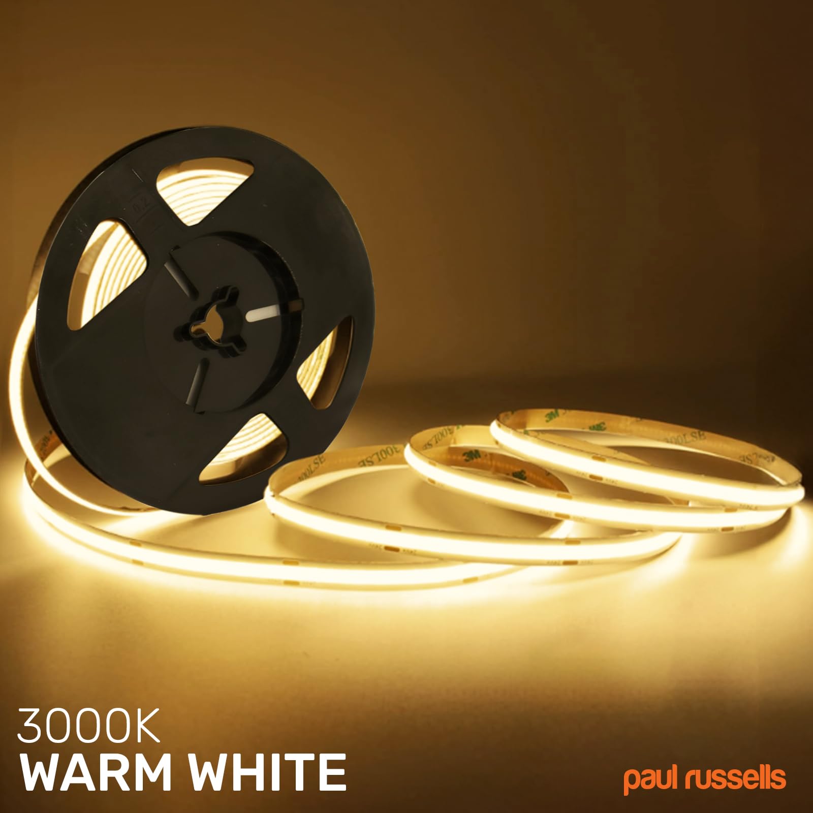 paul russells COB LED Strip Light, 24V- 5Watt/M, 320 LEDs/M, Warm White 3000K, 2300 Lumens, 5M Flexible Tape Light IP20 - Image 2