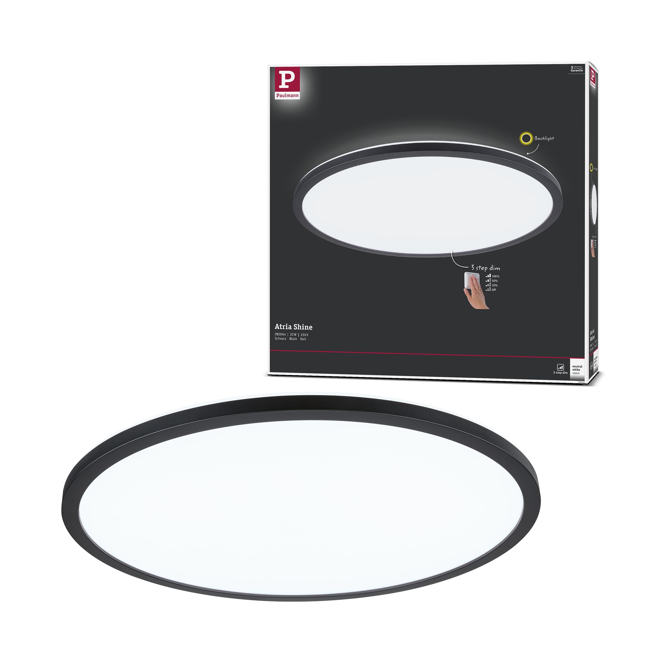 Paulmann 71013 LED Panel Atria Shine 420 mm 3-Step-Dim Round incl. 1x22 W dimmable Daylight White Black Light Panel Plastic Ceiling Panel 4000 K