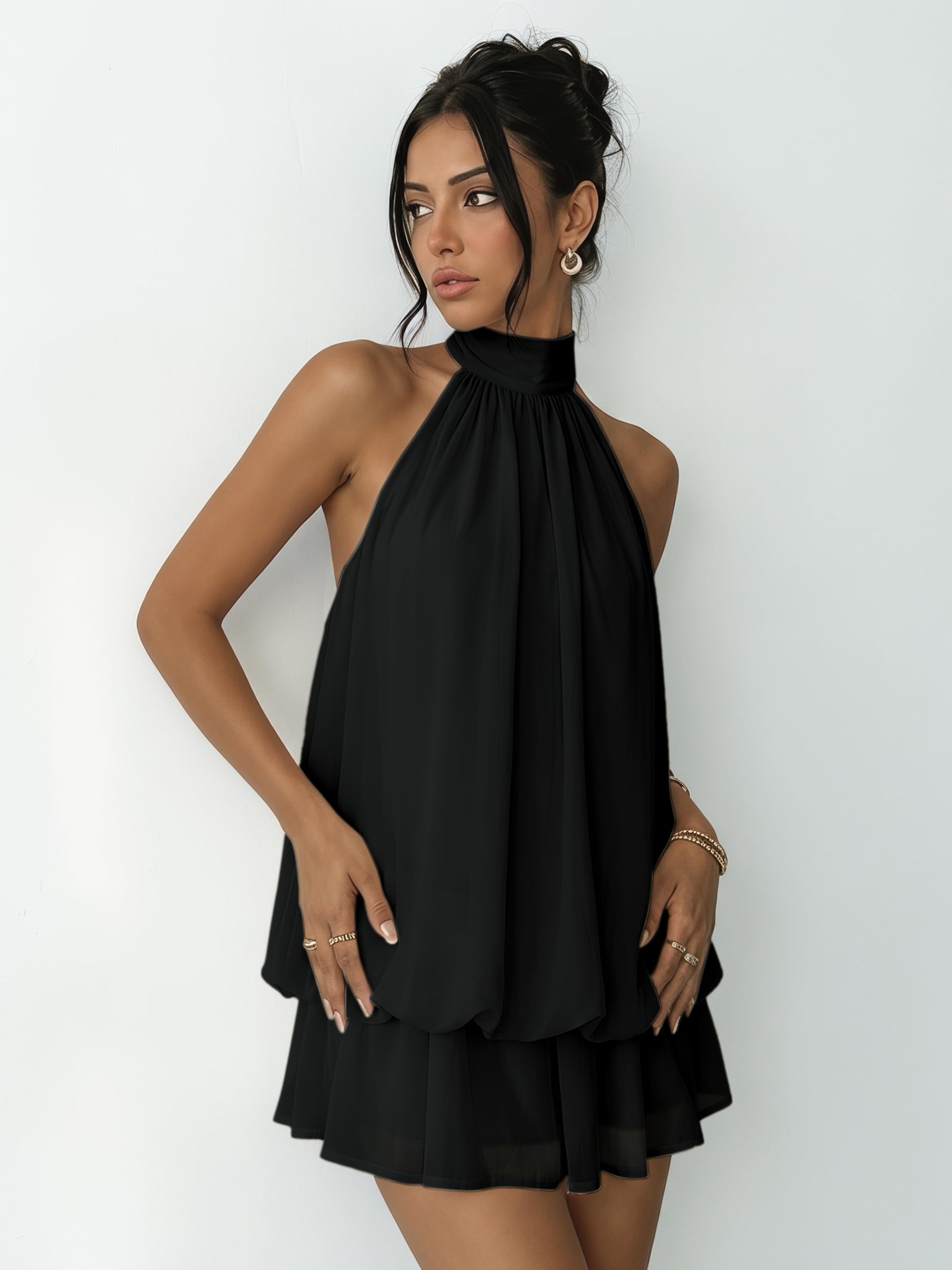 Vestito Donna Elegante Senza Maniche Mini Abito con Scollo Halter e Volant Estivo Vestiti Ampio in Chiffon Sexy Abiti Schiena Scoperta con Laccio Vestito Corto per Festa Discoteca Cocktail