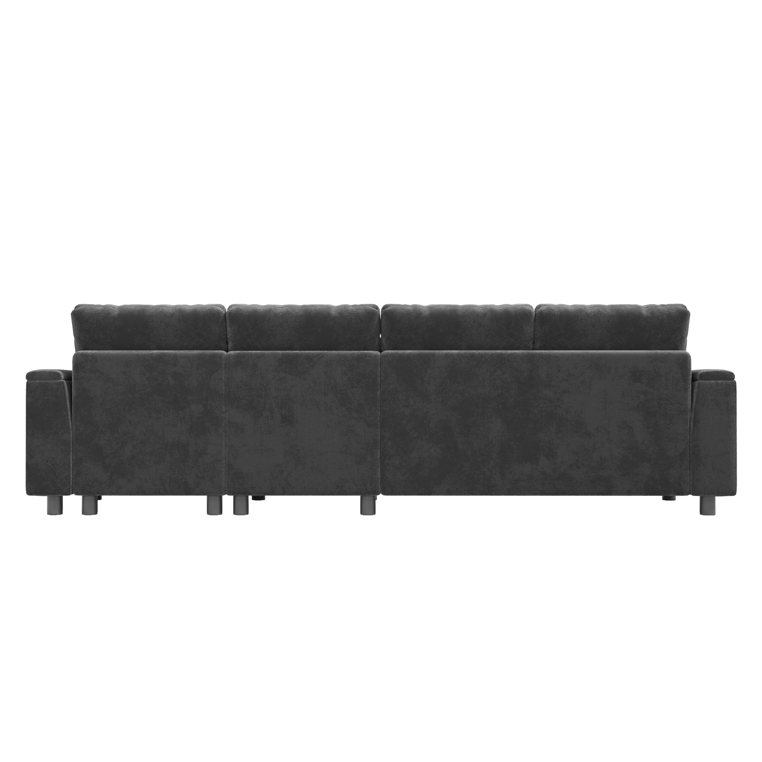 Sofa szenilowa, narożnik w kształcie litery L i dwa podłokietniki z miejscem do przechowywania. Rozkładany stolik kawowy z dwoma uchwytami na napoje, 1 USB i 1 część w kształcie litery C może być