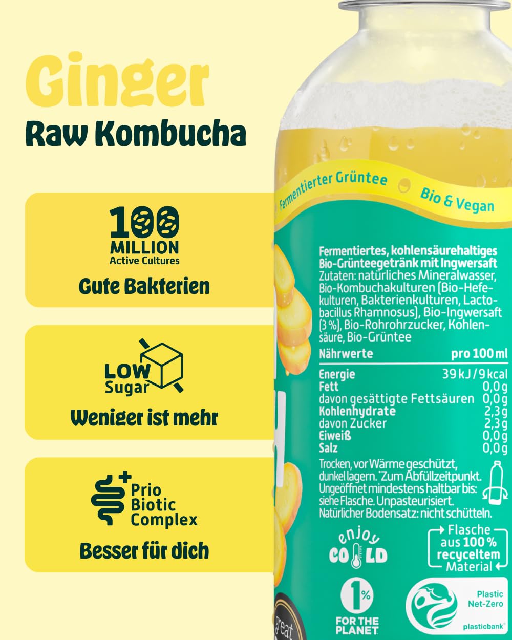 KOMBUCHERY® Ginger Raw Kombucha BIO | 18 x 400ml | Fermentierter Tee mit aktiven Darm-Kulturen | Zuckerarm & Kalorienarm | Unpasteurisiert, PrioBiotic, Vegan, Testsieger | inkl. 4,5€ PFAND