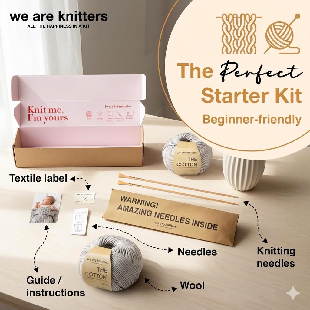We Are Knitters Dragonfly Blanket Kit, Strickset für Anfänger mit 100% Pima Baumwolle, Komplettes DIY Strickset inkl. Nadeln & Anleitung, Baby Decke zum Selbst Stricken
