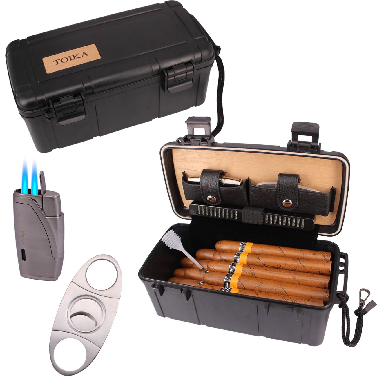 Black Portable 15 Travel Carry Cigar Humidor,Cigar Travel Case with Cutter and Torch Lighter Gift Set for Men - Waterproof,Crushproof -Holds up to 15 Cigars,Keep Cigars Fresh
