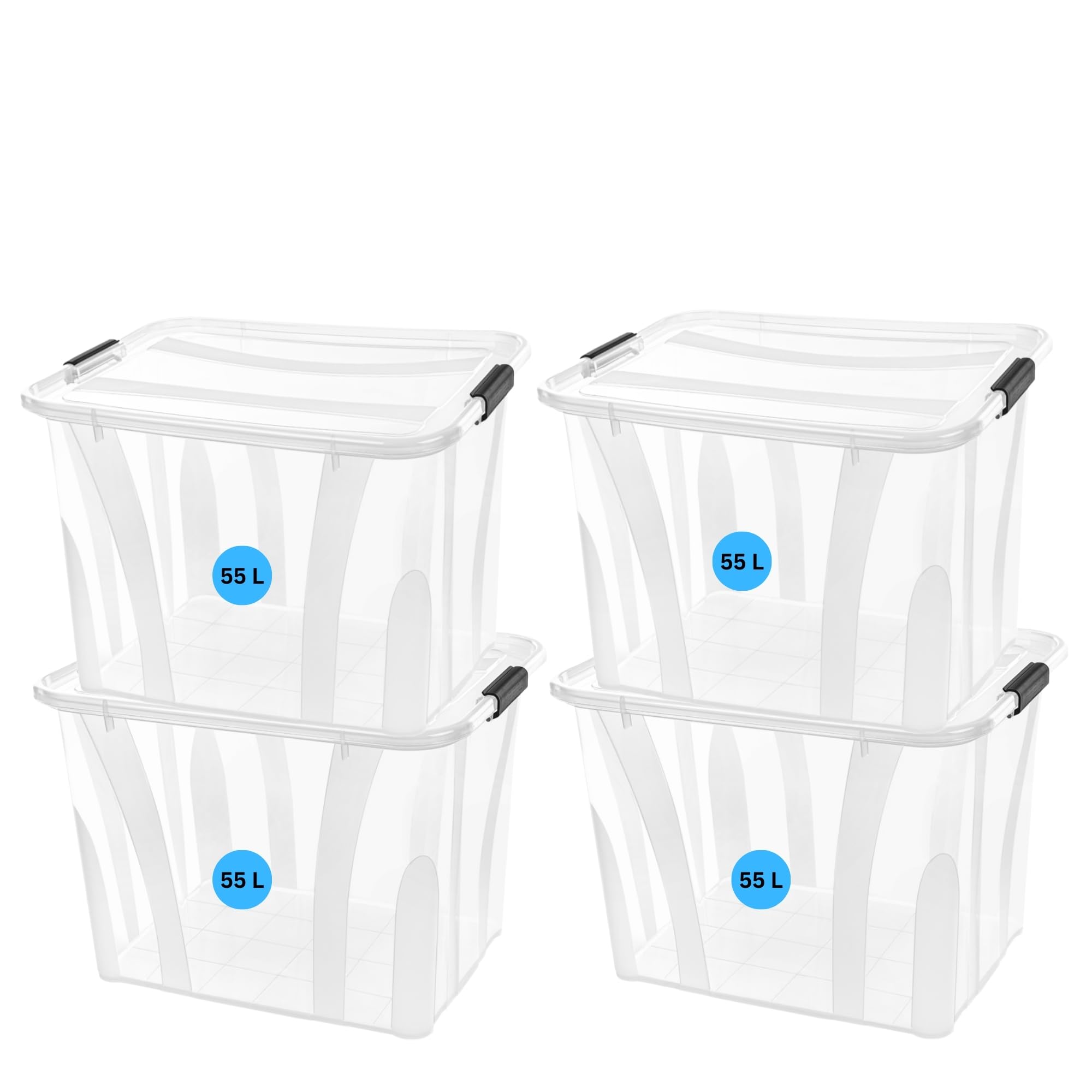 Aufbewahrungsboxen mit Deckel 7L 14L 21L 32L 55L 80L Plastik Boxen Klickverschluss Stapelboxen Sets Lebensmittelecht Haushalt & HLKauf-Block (4x 55Liter & 1x HLKauf-Block)