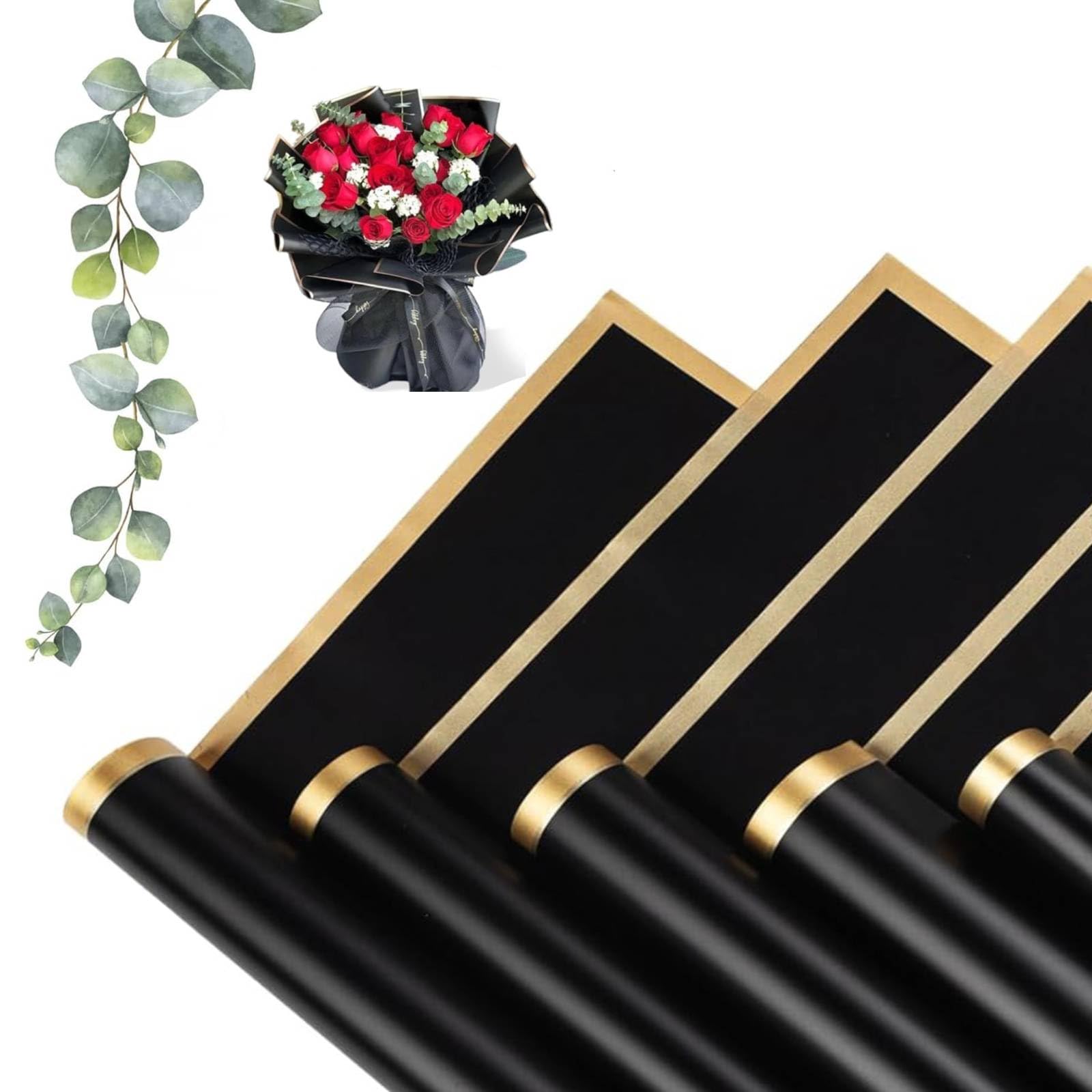 MtnLaur Flower Wrapping Paper 20 Sheets, Bouquet Wrapping Paper with Gold Border, Waterproof Korean Florist Bouquet Paper, Packaging Paper for DIY Crafts Wedding Birthday Gift (Black)
