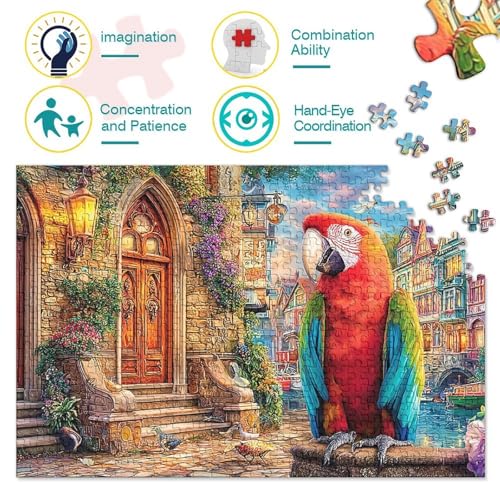 Puzzle de 1000 piezas premium de loros en la ciudad y edificios clásicos para adultos 3
