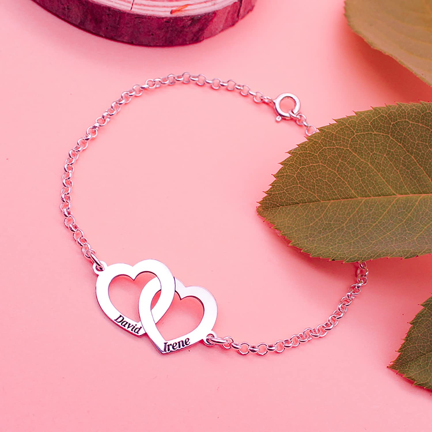 Pulsera Doble Corazón Personalizada en Plata de Ley 925 con 2 Nombres Grabados – Regalo Romántico para Pareja, Mujer o Amiga – Mi Joya Personalizada