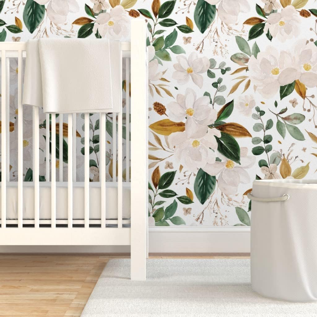 Peel & Stick Wallpaper Swatch - Gold Floral Magnolias Flowers White Custom Removable Wallpaper by Spoonflower