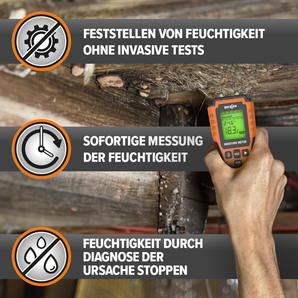 Dryzone Feuchtemessgerät - Feuchtigkeitsmessgerät Wand, Holz, Mauerwerk und andere Baumaterialien - einfach Feuchtigkeit messen