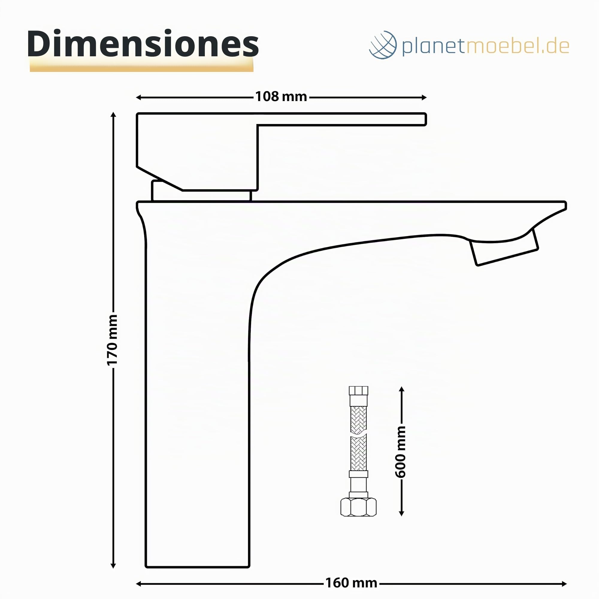 Planetmöbel Grifo de baño negro con mezclador monomando para lavabo de baño moderno